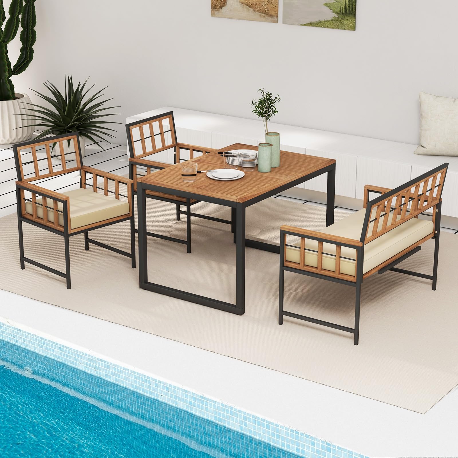 Tangkula 4 Piece Patio Dining Set, Outdoor Wood Dining Furniture W/ 2 Chairs & 1 Loveseat, 47” Acacia Wood Table W/Umbrella Hole, Cozy Seat Cushions, Outside Furniture Set for Backyard, Poolside