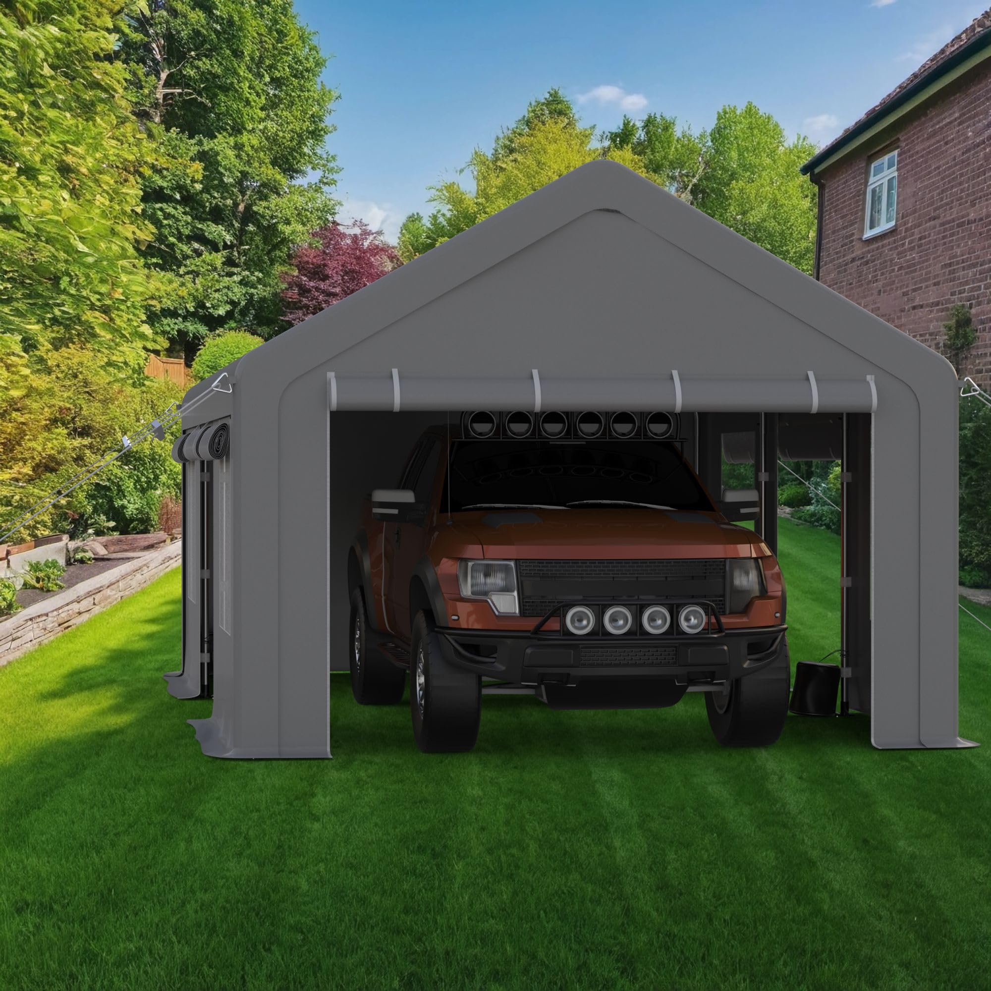 Carport 10x20ft Heavy Duty Portable Garage，Upgraded Carport with 4 Roll-up Doors & 4 Ventilated Windows, Reinforced Steel Poles, UV Resistant All-Season Waterproof Tarp, for Car, Truck, Boat