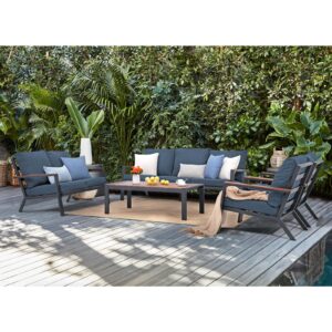 Soleil Jardin Aluminum Patio Furniture Set with FSC Certified Solid Wood Top Armrest & Coffee Table, Outdoor Deep Seating Sectional Sofa, 5 Piece Conversation Sets w/Removable Cushion, Denim Blue