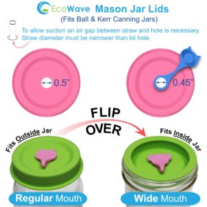 EcoWave Silicone Mason Jar Lids With Straw Hole & Stopper Plug - One Lid Fit Both: Regular Mouth (Push-On) & Wide Mouth (Push-Down) - Mason Jar Drinking & Storage Top, Vegan, Plastic-free, BPA-free