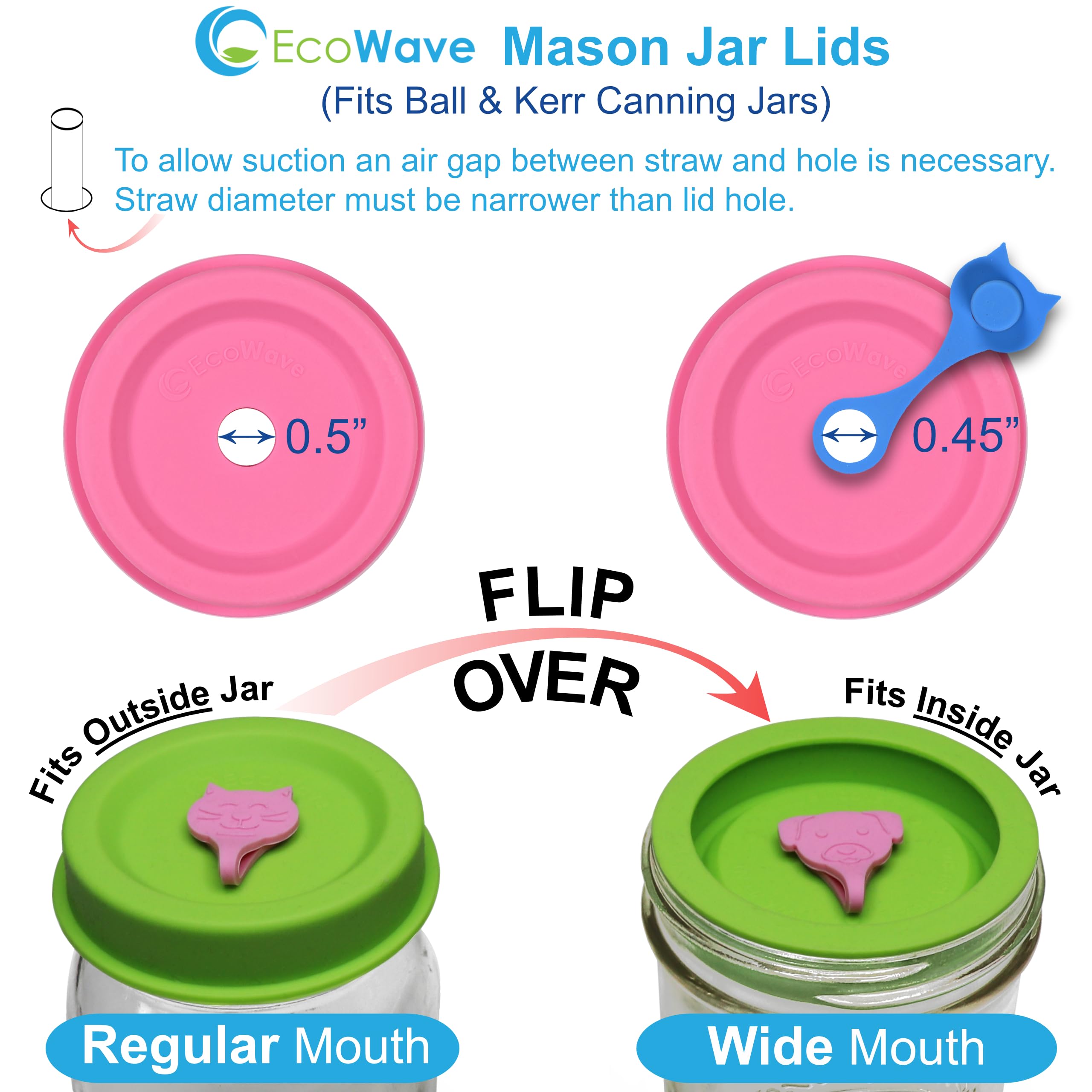 EcoWave Silicone Mason Jar Lids With Straw Hole & Stopper Plug - One Lid Fit Both: Regular Mouth (Push-On) & Wide Mouth (Push-Down) - Mason Jar Drinking & Storage Top, Vegan, Plastic-free, BPA-free