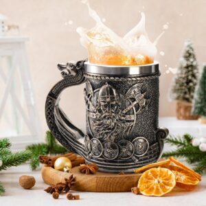 ZENFUN Noric Viking Ship Dragon Beer Mug, 18/8Stainless Steel Drinking Tankard, 17 OZ Wine Coffee Cup, Norse Mythology Poetic Decor Beer Mug, Great Gift for Men