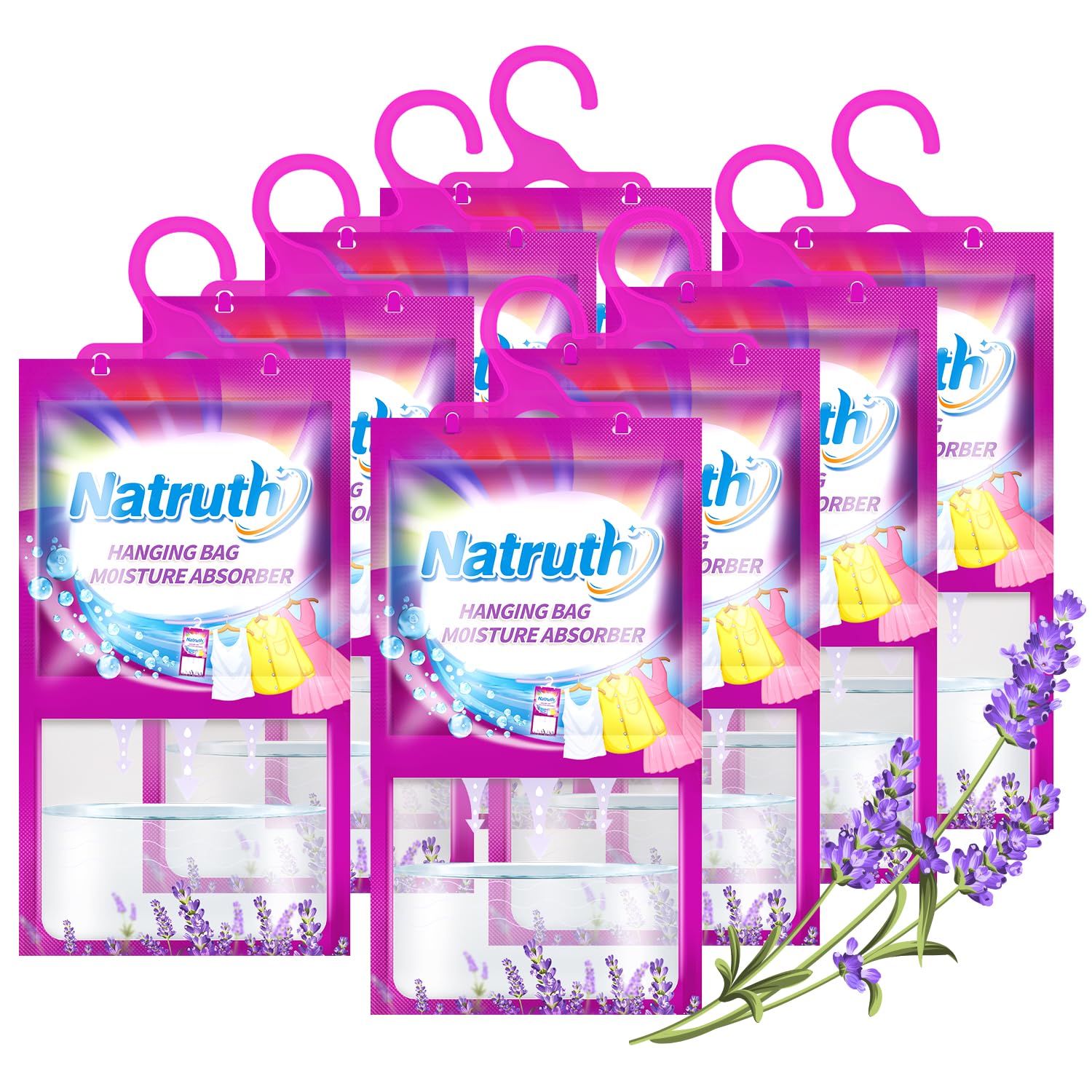 NATRUTH 8-PACK Moisture Absorber Bags With Lavender,Desiccant Hanging Bag Use for Kitchen Bathroom Wardrobe, Eliminates Odors，Odor Absorber Humidity Packs, Hanging Closet Dehumidifier Bags for Closet