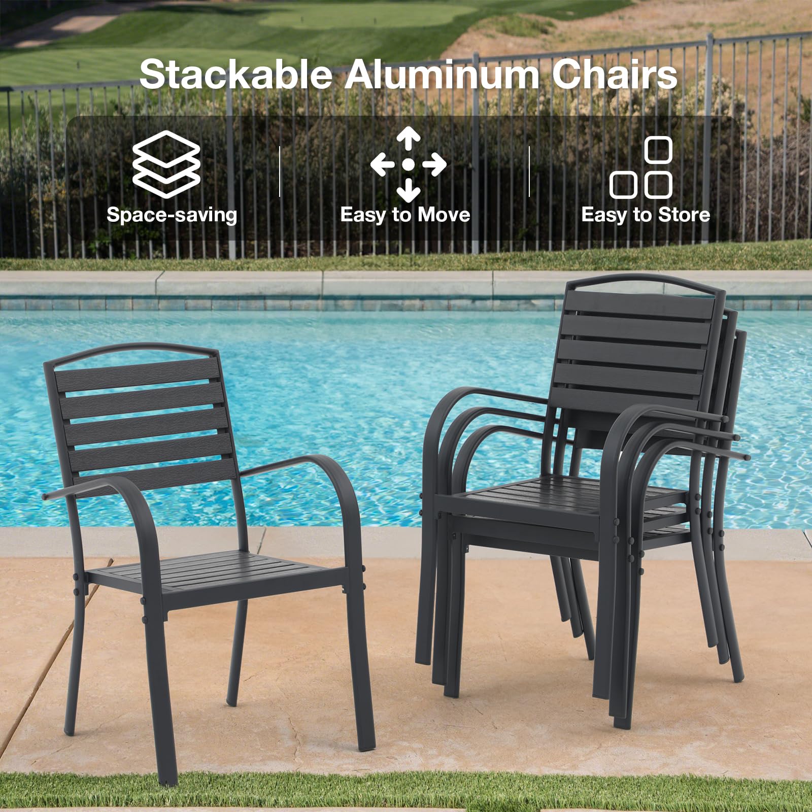 Patiorama Aluminum Outdoor Dining Chairs Set of 4, Stackable Outdoor Patio Chairs Set of 4, All-Weather Bistro Chair with Armrest, Faux Wood Outdoor Dining Chairs for Indoor Yard Garden-Black