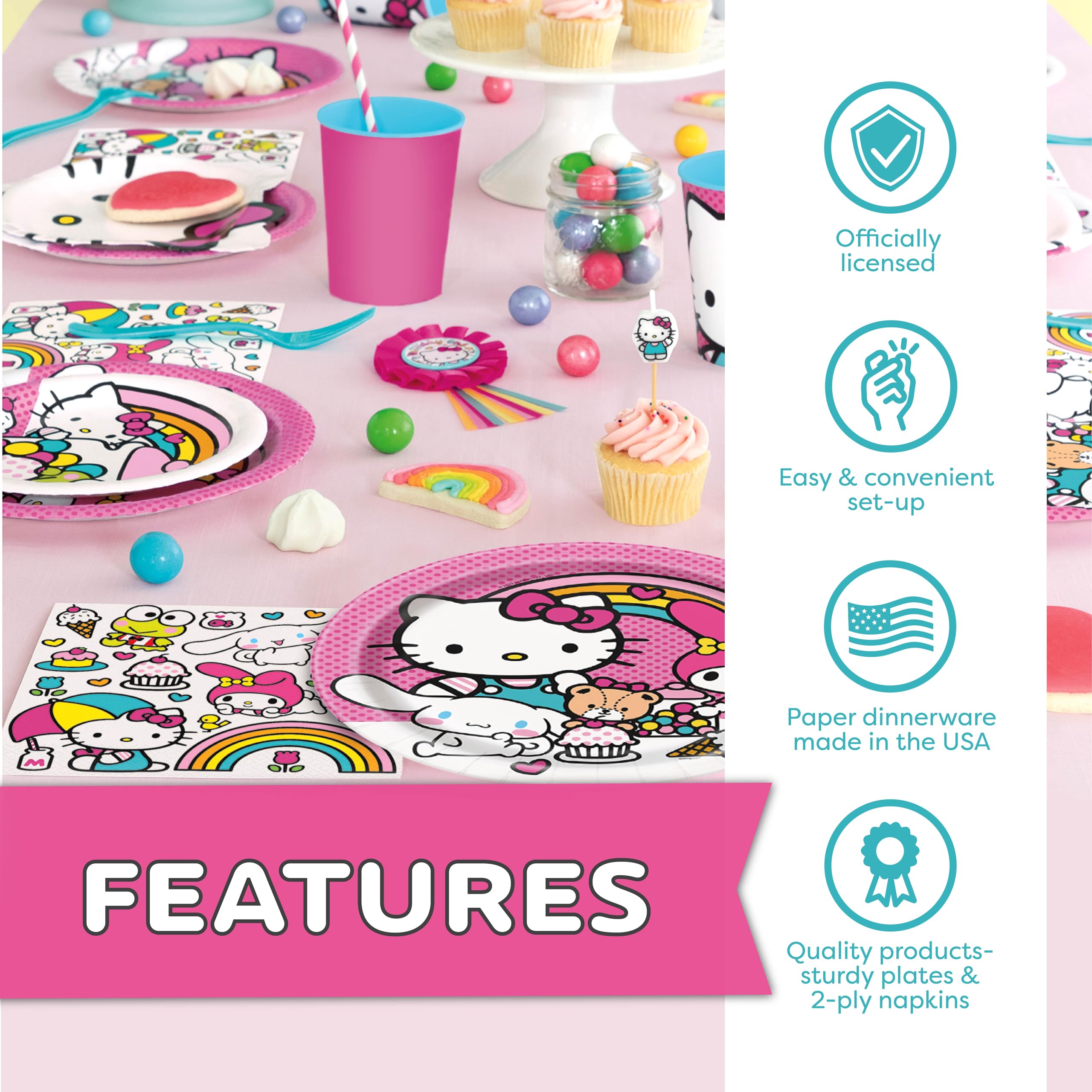 Hello Kitty Birthday Decorations | Serves 16 | Hello Kitty Plates and Napkins, Tablecloth, Sticker | Party Supplies | Officially Licensed