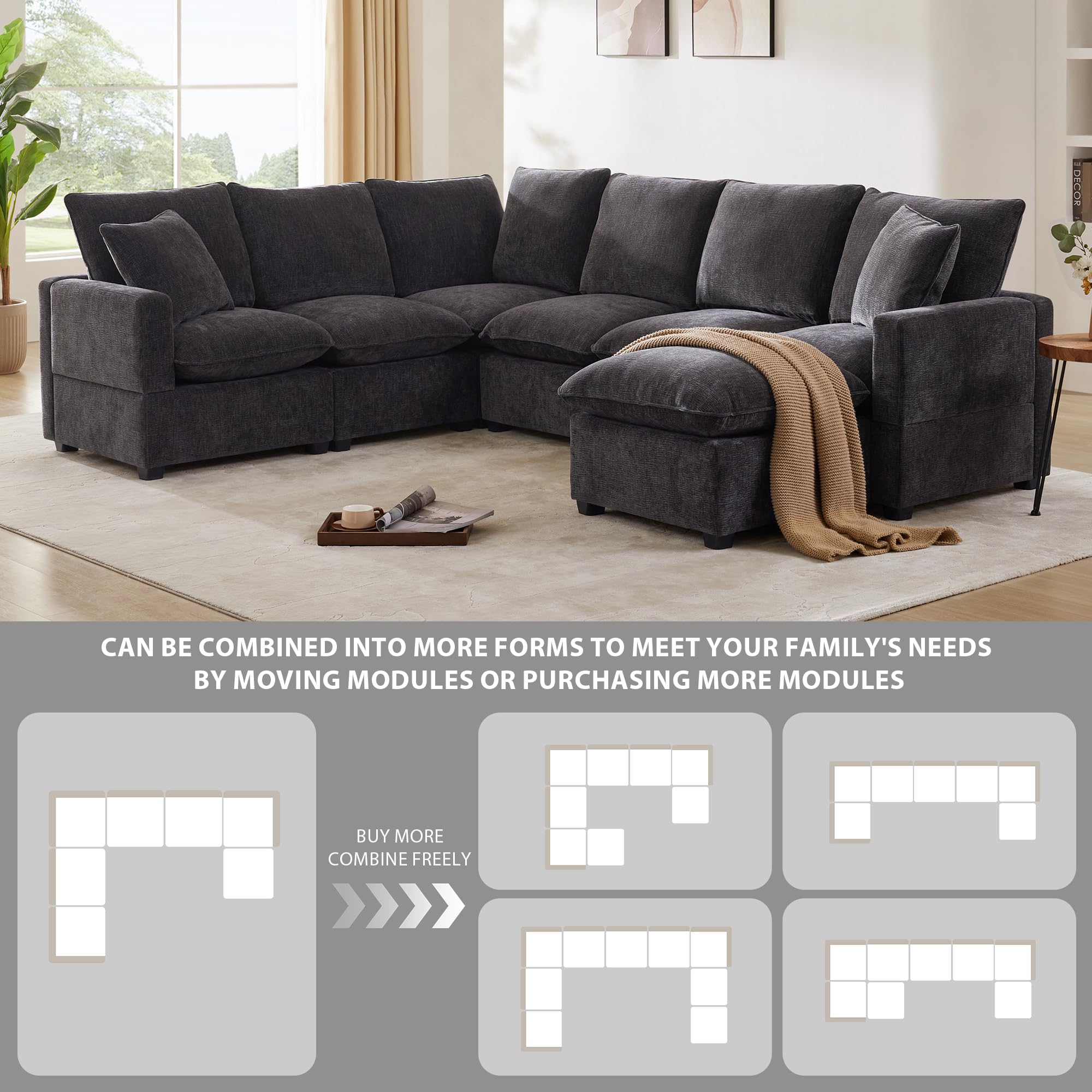 7 Seat Chenille Sectional Couch Set with 2 Pillows, 110*84" Modern U Shape Modular Sofa Set with Removable Ottoman, Freely Combinable Indoor Funiture for Living Room, Apartment, Office (Black * 1)