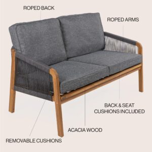 JONATHAN Y SFB1001C Arwen Modern Bohemian Roped Acacia Wood Outdoor Loveseat with Cushions Coastal, Contemporary, Transitional, Rustic for Backyard, Patio, Porch, Gray/Teak Brown