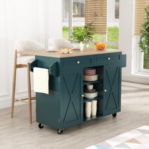 HLR Kitchen Island On Wheels, Rolling Kitchen Island Cart with Drop Leaf Countertop, Barn Door Kitchen Island Table with Storage Cabinet and Tower Rack, Island Table for Kitchen (Dark Teal)