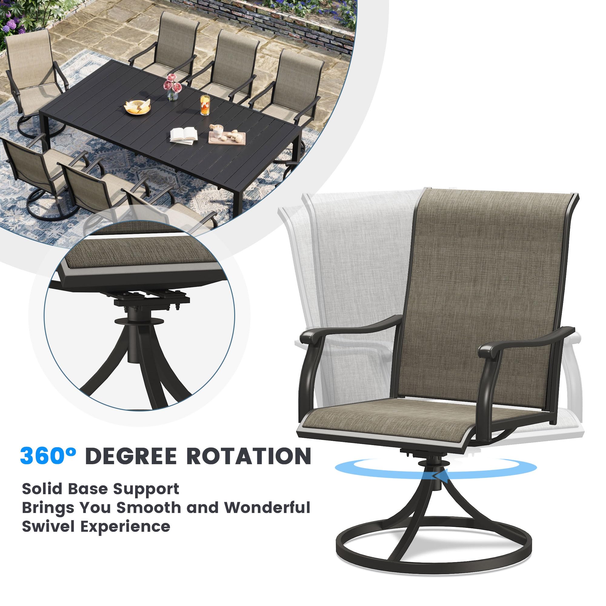 DIFY 7 PCS Patio Dining Set, Outdoor Dining Furniture Set with 47.2" Walnut Round Dining Table with Umbrella Hole & 6 Black Patio Swivel Curved Armrests Chairs for Yard, Garden, Porch, Lawn