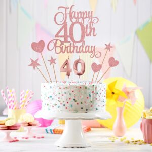 Lecferrarc 40th Birthday Cake Decorations, 40th Birthday Candles Cake Numeral Candles and Glitter Happy 40th Birthday Cake Toppers Set for Birthday Party Supplies (Rose Gold)