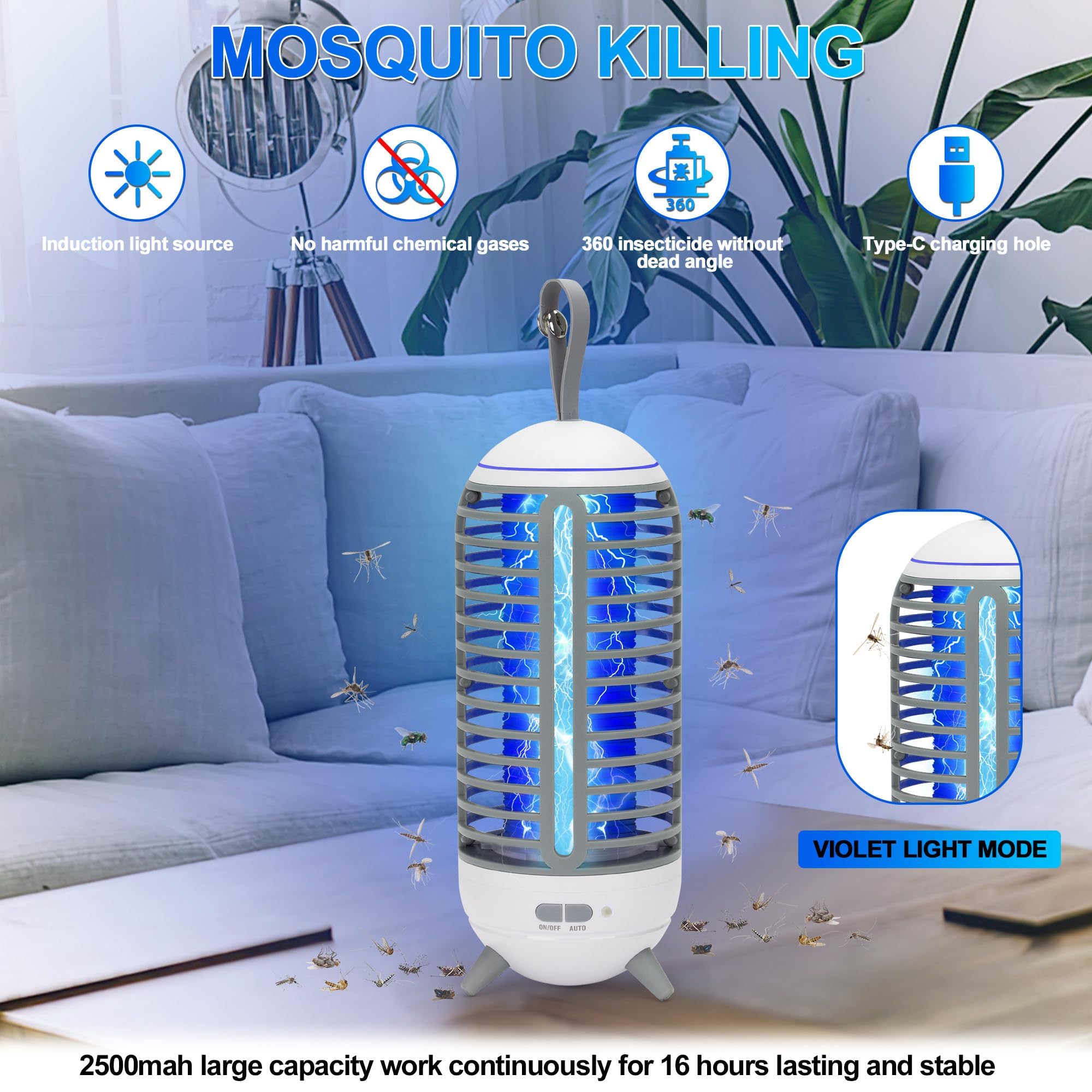 Bug Zapper，Wireless Mosquito Killer Lamp, Indoor and Outdoor Mosquito Killer Lamp, Rechargeable 2 in 1, Suitable for Patio, Home, Backyard, Yard, Garden, Campsite (Blue)