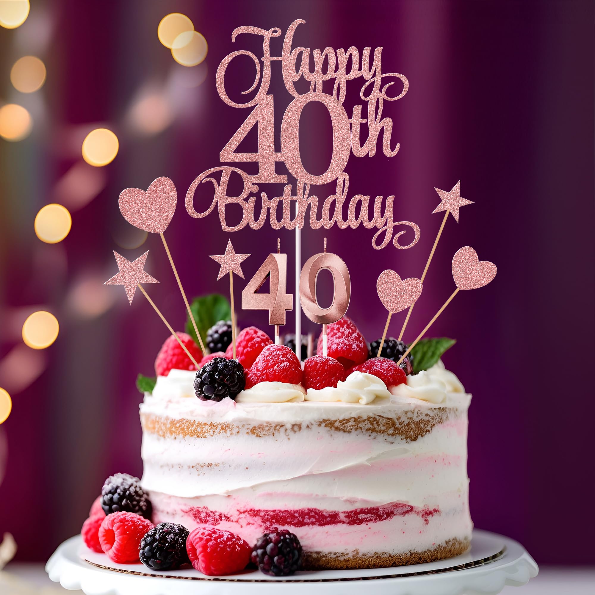 Lecferrarc 40th Birthday Cake Decorations, 40th Birthday Candles Cake Numeral Candles and Glitter Happy 40th Birthday Cake Toppers Set for Birthday Party Supplies (Rose Gold)