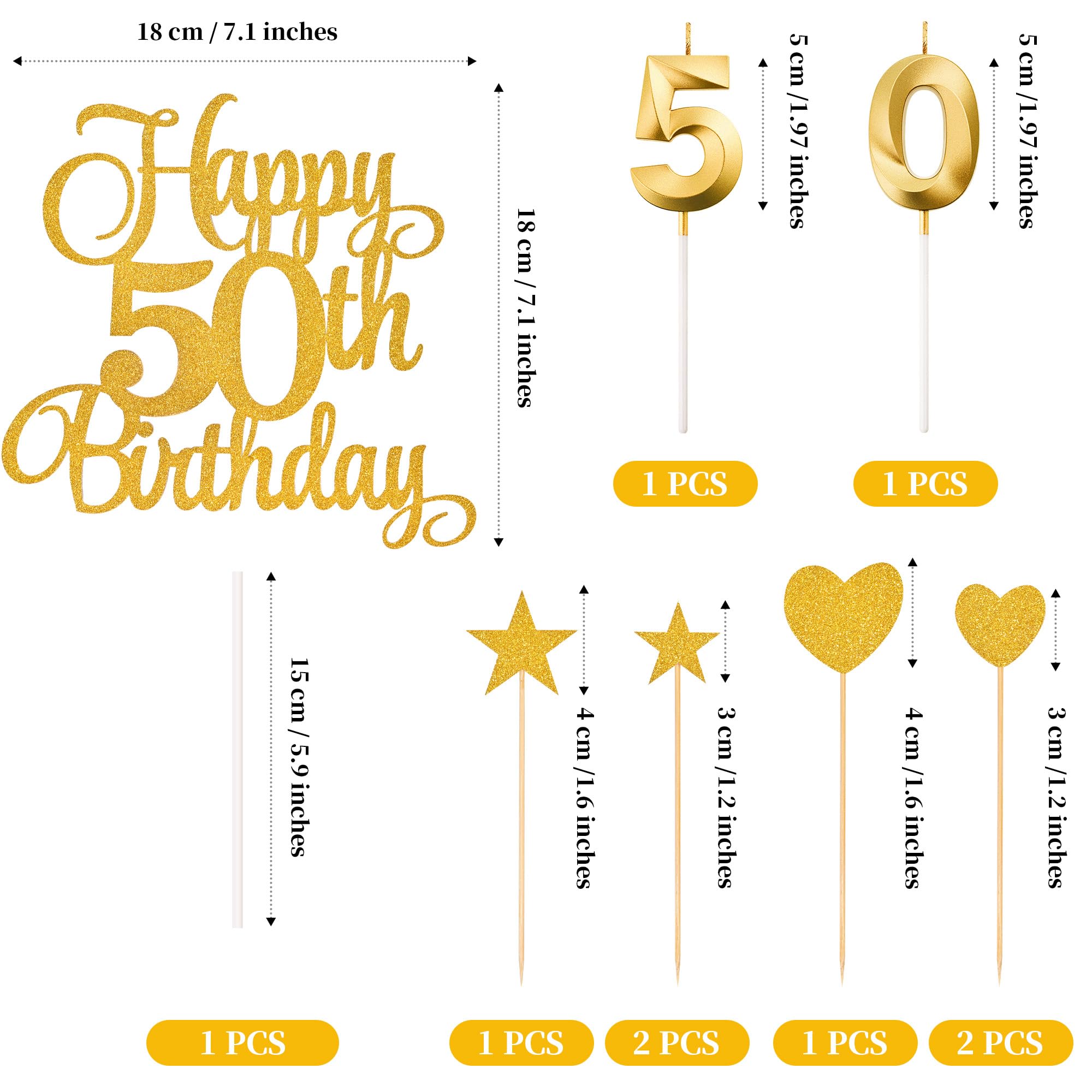 Lecferrarc 50th Birthday Cake Decorations, 50th Birthday Candles Cake Numeral Candles and Glitter Happy 50th Birthday Cake Toppers Set for Birthday Party Supplies (Gold)