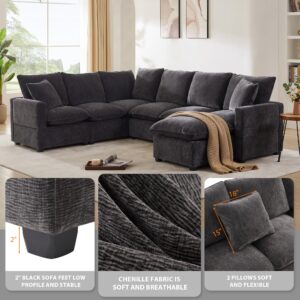 7 Seat Chenille Sectional Couch Set with 2 Pillows, 110*84" Modern U Shape Modular Sofa Set with Removable Ottoman, Freely Combinable Indoor Funiture for Living Room, Apartment, Office (Black * 1)