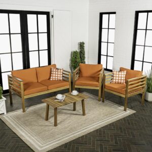 JONATHAN Y LVG1200C-4SET Thom 4-Piece Mid-Century Modern Acacia Wood Outdoor Patio Set with Cushions and Plaid Decorative Pillows Classic, Industrial, Scandinavian, Bohemian, Orange/Teak Brown