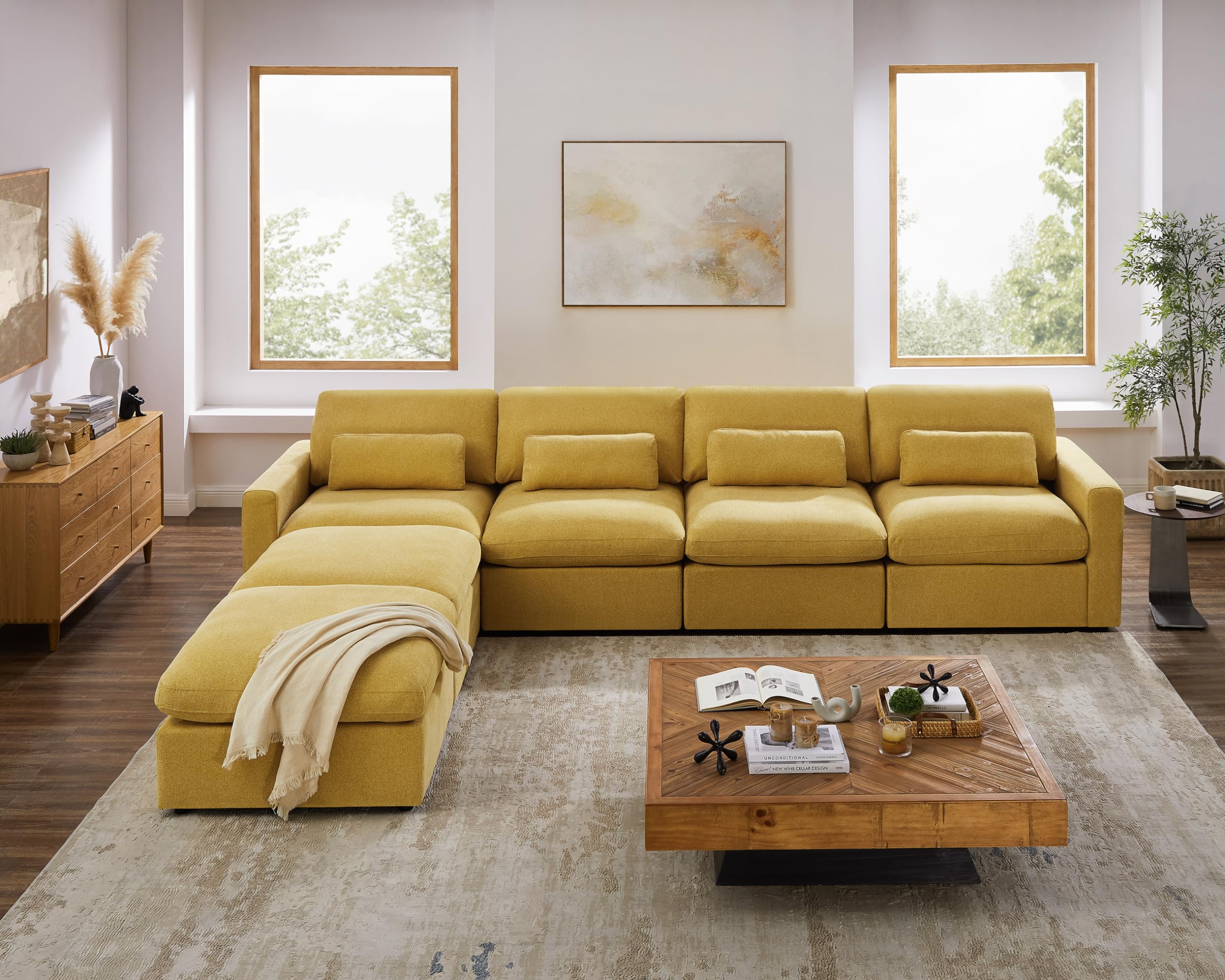 VANOMi 149" Oversized Modular Sectional Sofa, Extra Large U Shaped Couch with Reversible Chaise, 6 Seater Living Room Sofa Couch, Warm Yellow