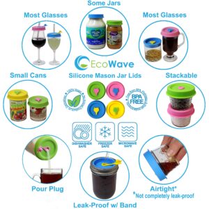 EcoWave Silicone Mason Jar Lids With Straw Hole & Stopper Plug - One Lid Fit Both: Regular Mouth (Push-On) & Wide Mouth (Push-Down) - Mason Jar Drinking & Storage Top, Vegan, Plastic-free, BPA-free