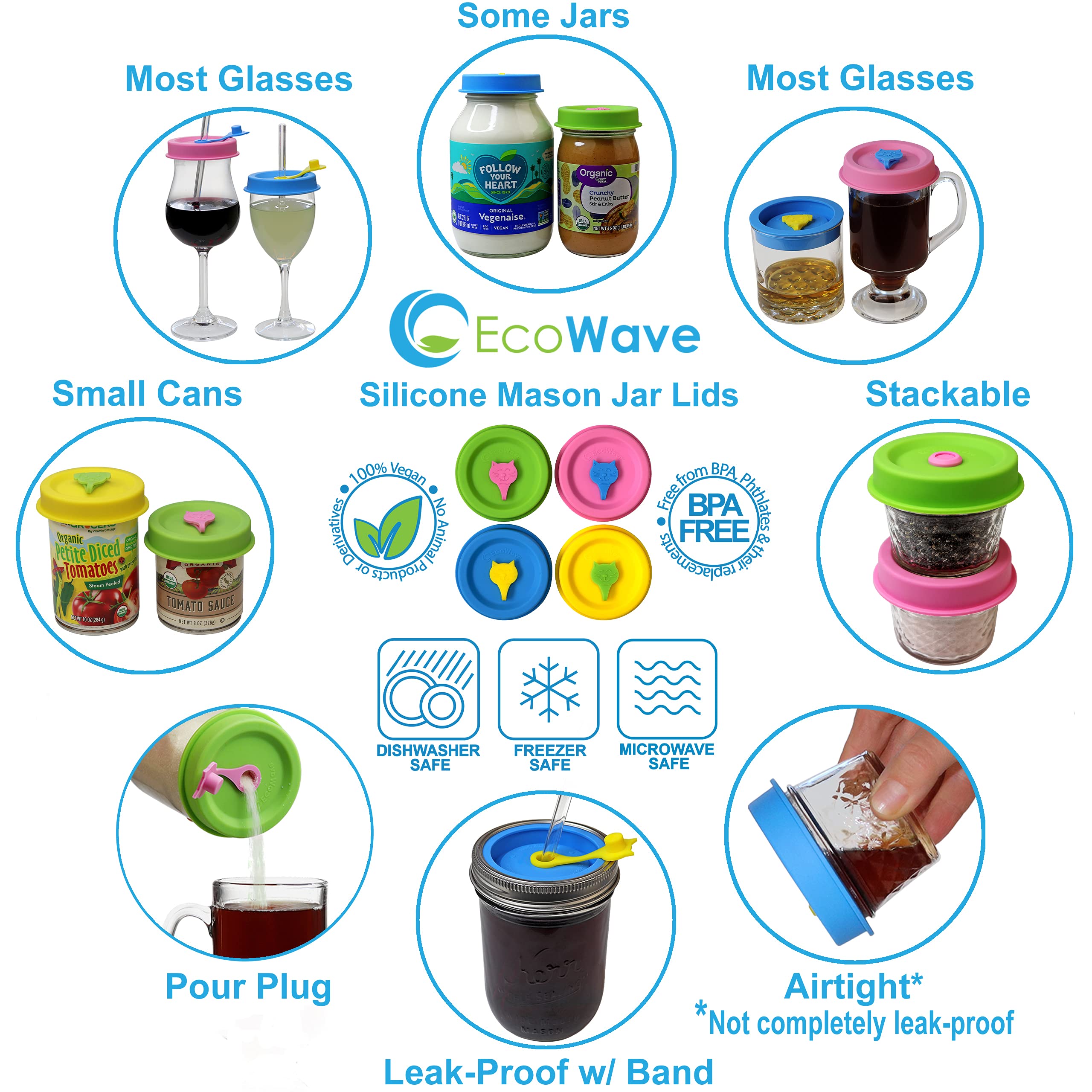 EcoWave Silicone Mason Jar Lids With Straw Hole & Stopper Plug - One Lid Fit Both: Regular Mouth (Push-On) & Wide Mouth (Push-Down) - Mason Jar Drinking & Storage Top, Vegan, Plastic-free, BPA-free