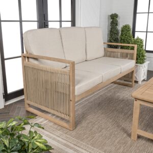 JONATHAN Y SFB1002A Gable 3-Seat Mid-Century Modern Roped Acacia Wood Outdoor Sofa with Cushions Scandinavian, Classic, Transitional, Industrial for Backyard, Patio, Porch, Beige/Light Teak