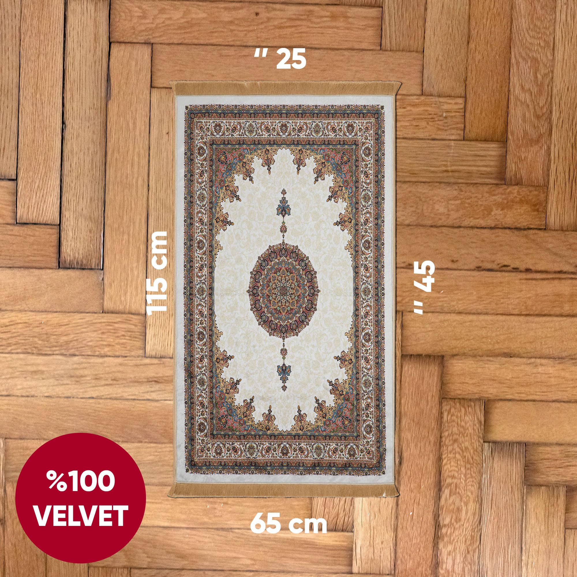 Muslim Prayer Rug | 25'' x 45'' Turkish Velvet Islamic Praying Mat for Men, Women, Kids | Patterned Janamaz Carpet Ramadan Sajadah Islam Namaz Rugs (Ecru III)