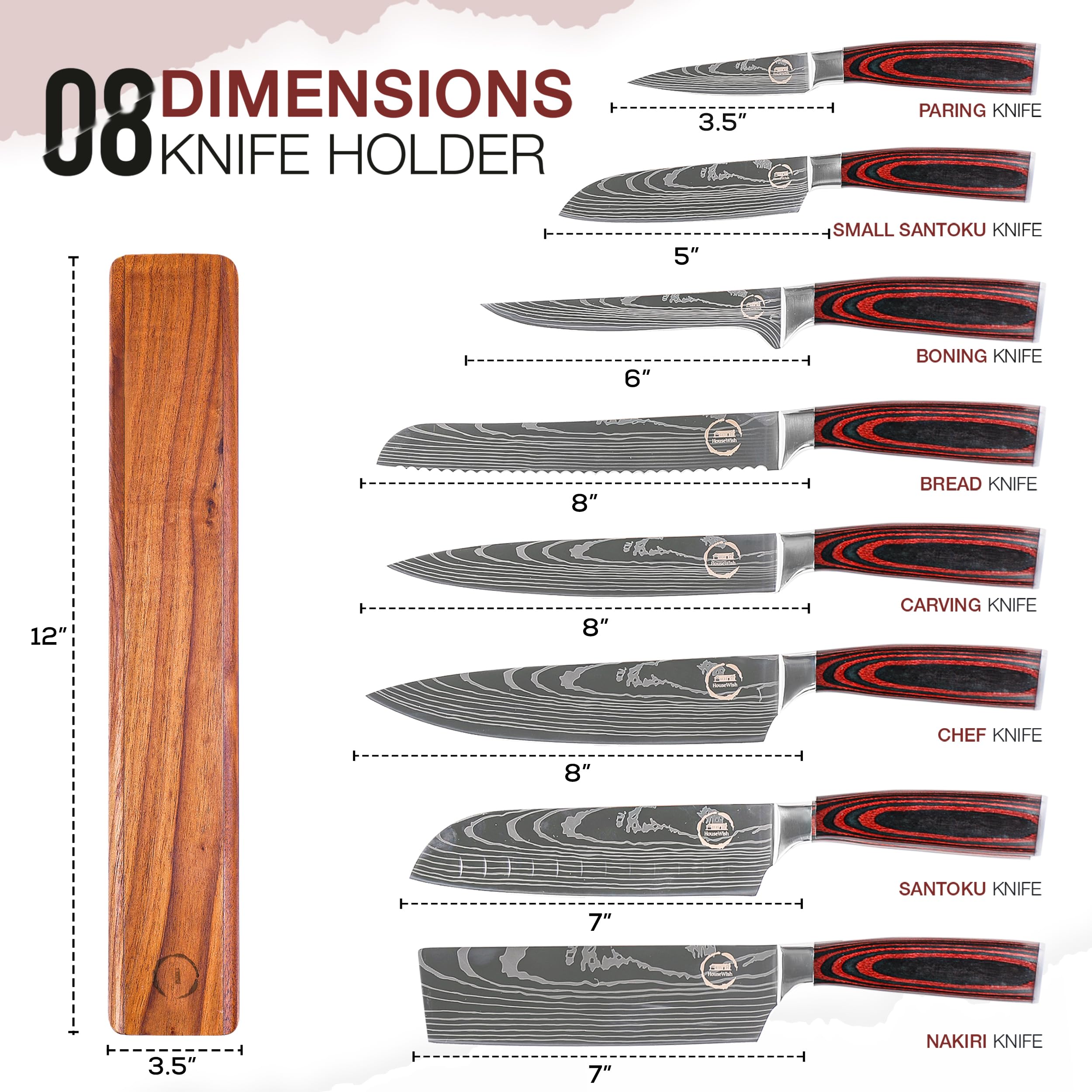 Housewish 8 PC Chef Knives - High Carbon Stainless Steel Knives With Pakkawood Handles | Best Kitchen Knives & Include A Magnetic Strip Holder | Japanese Knives - Home & Professional Chef's Knives Set