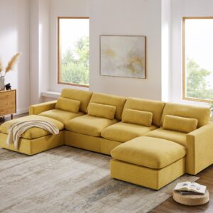 VANOMi 149" Oversized Modular Sectional Sofa, Extra Large U Shaped Couch with Reversible Chaise, 6 Seater Living Room Sofa Couch, Warm Yellow