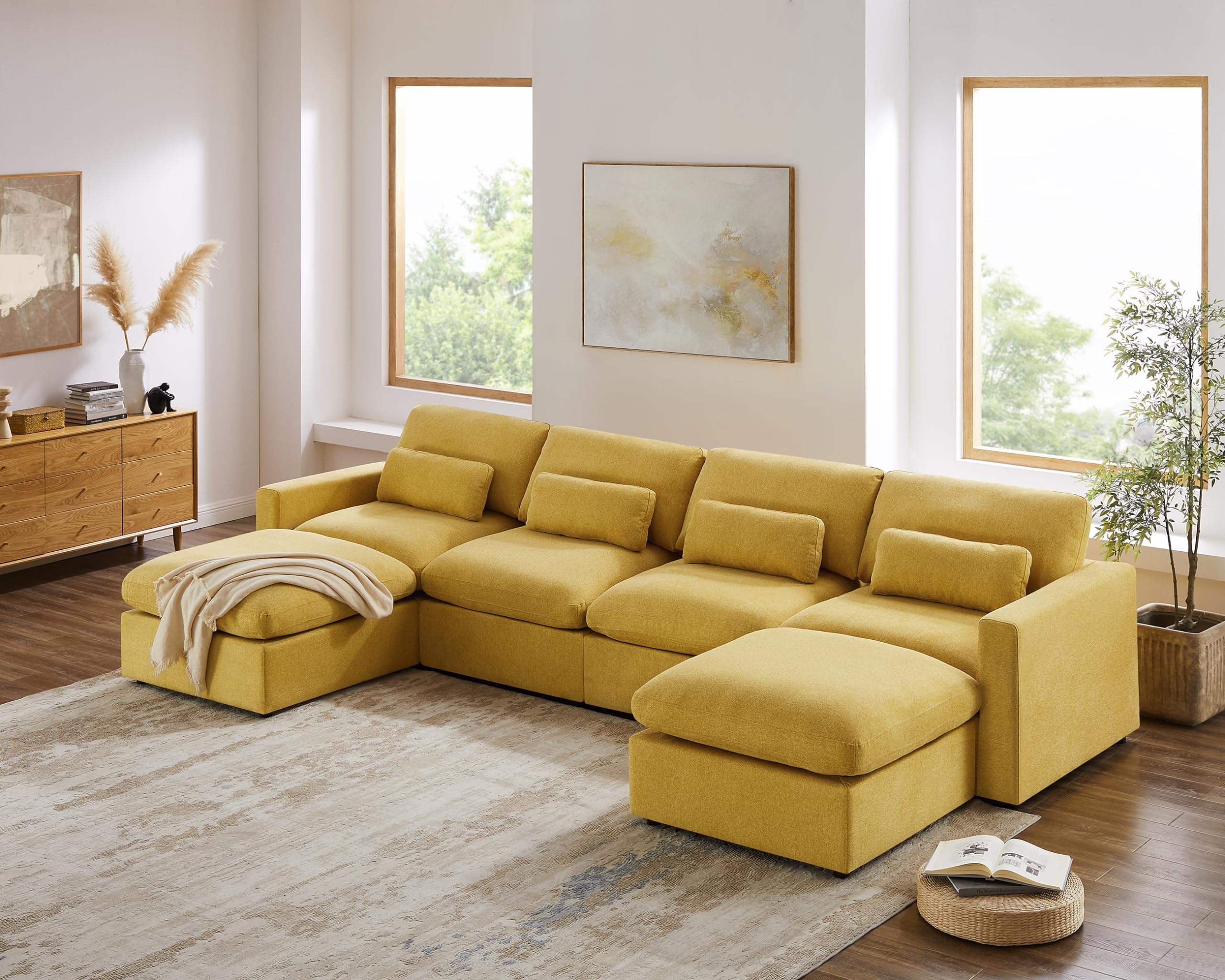 VANOMi 149" Oversized Modular Sectional Sofa, Extra Large U Shaped Couch with Reversible Chaise, 6 Seater Living Room Sofa Couch, Warm Yellow