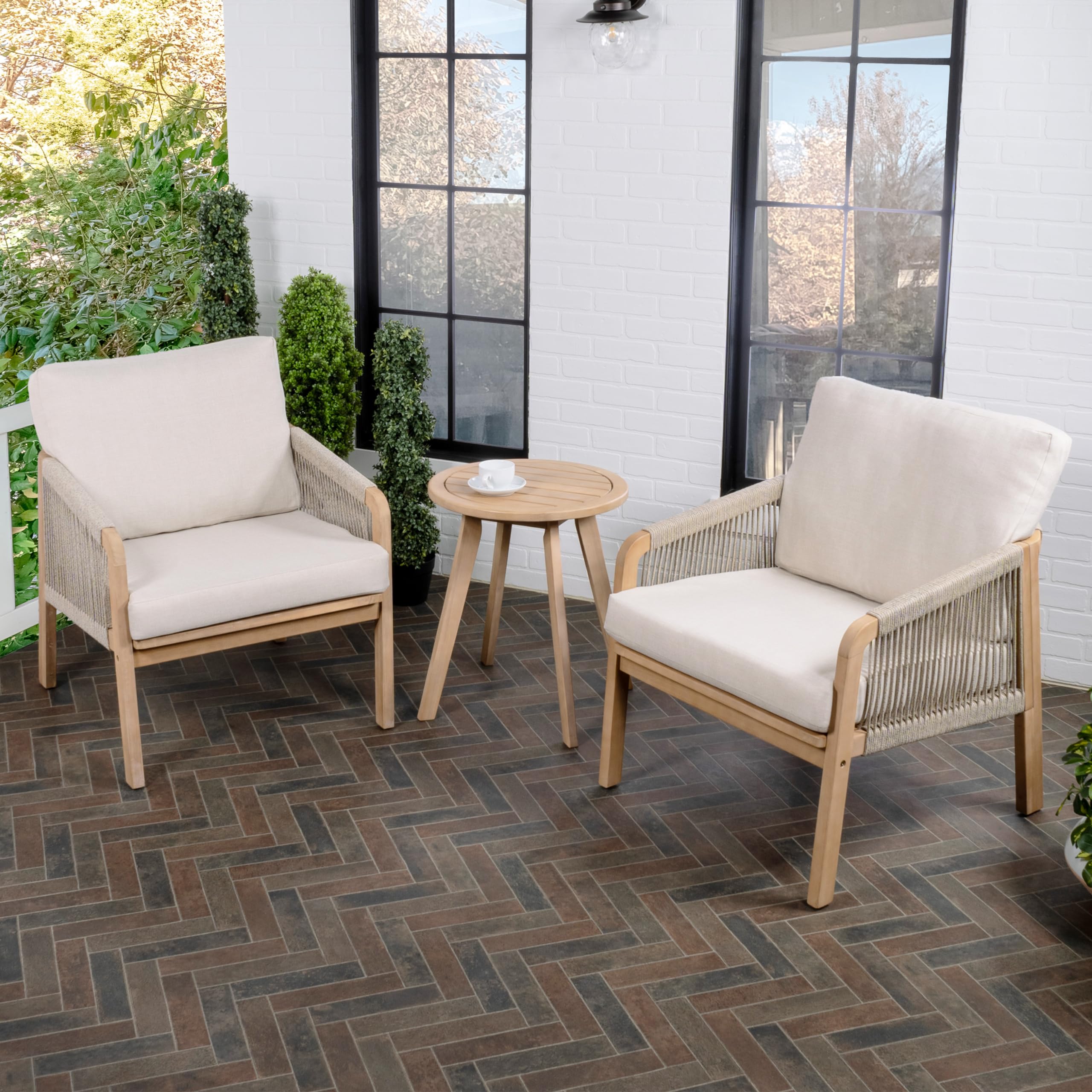 JONATHAN Y LVG1203A-3SET Aveiro 3-Piece Modern Bohemian Roped Acacia Wood Conversation Outdoor Patio Set with Cushions Coastal, Contemporary, Transitional, Rustic, Cottage, Beige/Light Teak