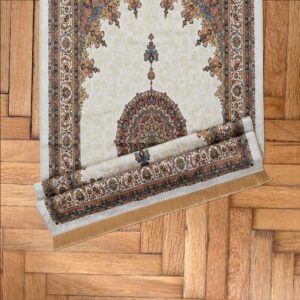 Muslim Prayer Rug | 25'' x 45'' Turkish Velvet Islamic Praying Mat for Men, Women, Kids | Patterned Janamaz Carpet Ramadan Sajadah Islam Namaz Rugs (Ecru III)