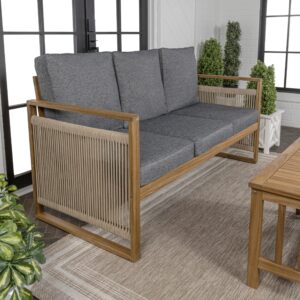 JONATHAN Y SFB1002B Gable 3-Seat Mid-Century Modern Roped Acacia Wood Outdoor Sofa with Cushions Scandinavian, Classic, Transitional, Industrial for Backyard, Patio, Porch, Gray/Teak Brown