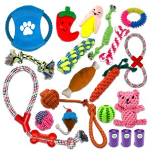 ellami toys set for small dogs, 20 packs puppies toys, dental ball for puppies, chewing dog toys for puppies, durable ropes, plush toys for dogs, teething toys, ring dog toy.