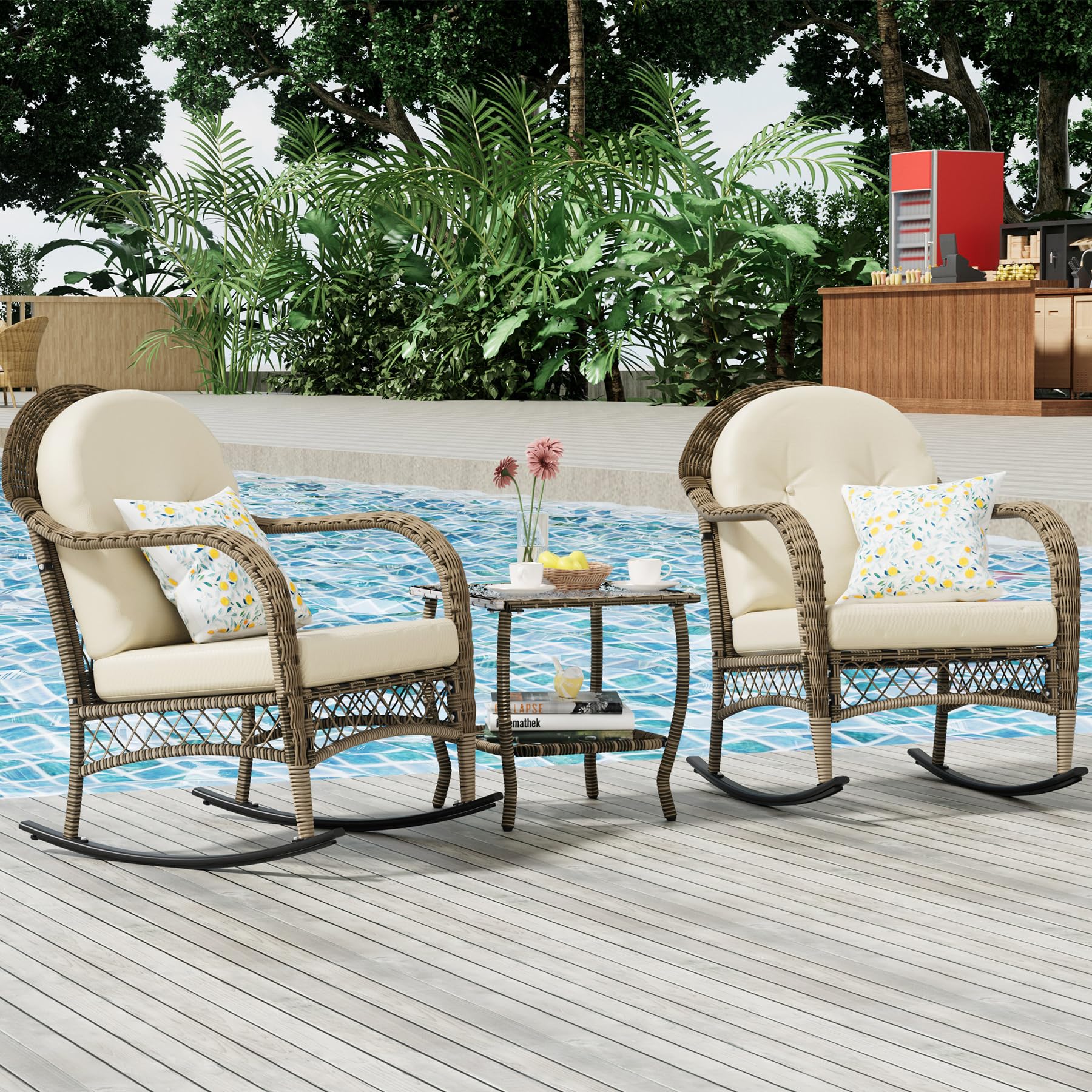 BALDPER 3 Pieces Patio Conversation Set, Lounge Rocking Chair with Cushion & Coffee Table, Wicker Bistro Set, Outdoor Furniture Set for Porch, Deck, Backyard, or Poolside, Beige