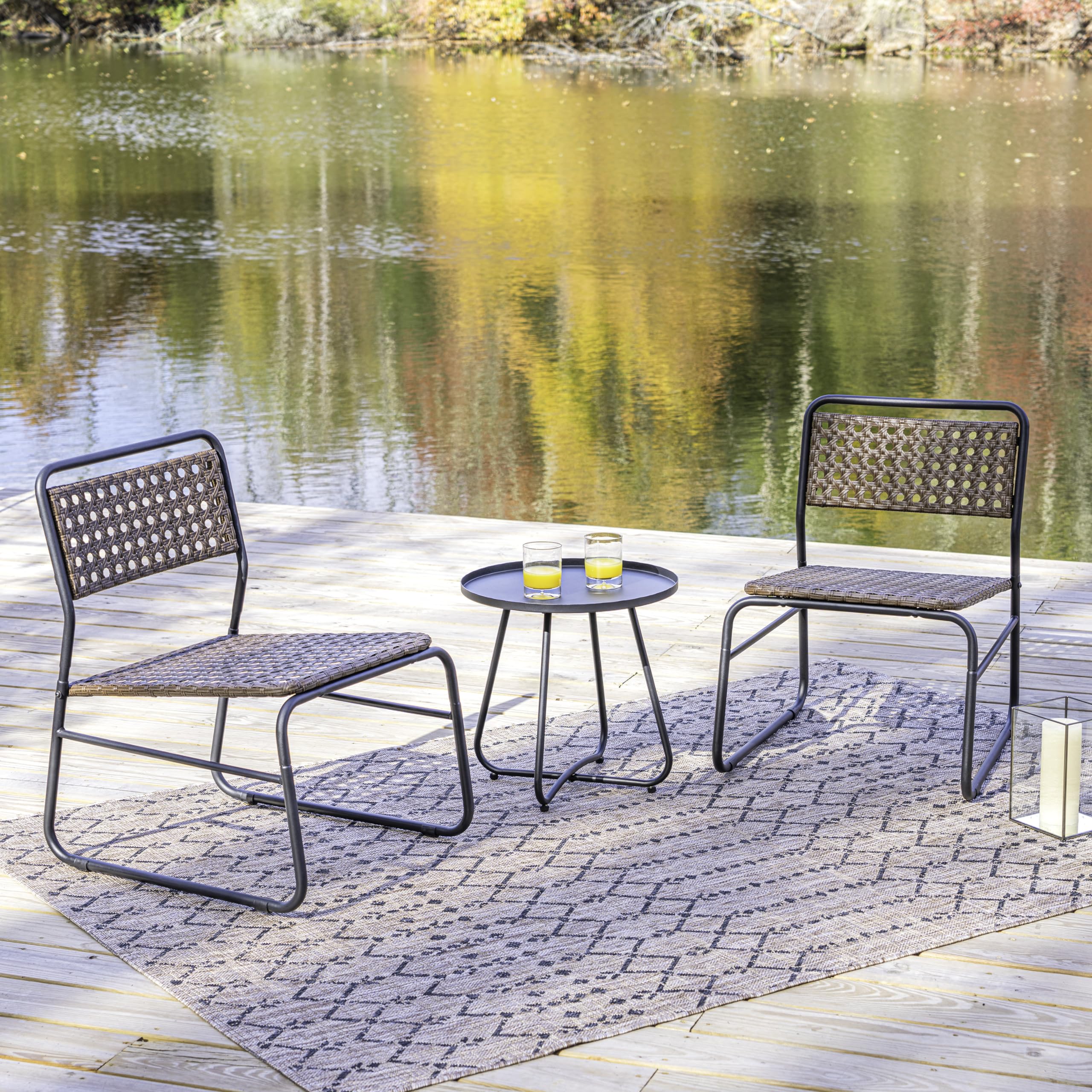 JONATHAN Y LVG1100B-3SET Freja 3-Piece Mid-Century Modern Faux Rattan Conversation Outdoor Patio Set Scandinavian, Classic, Transitional, Bohemian, Traditional, Black/Brown