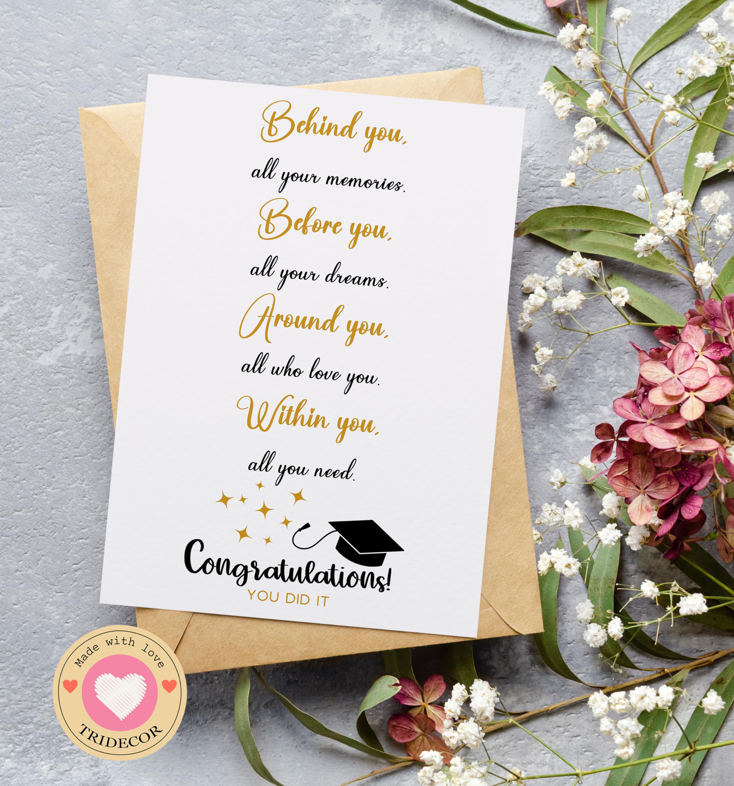 Graduation Card for Him Her, Cute Graduation Card Gift for High School College Grad, Behind You Before You Around You Within You Card - 5x7 inch Folded Card include Envelope, Sticker - Blank Inside