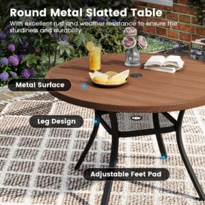 DIFY 7 PCS Patio Dining Set, Outdoor Dining Furniture Set with 47.2" Walnut Round Dining Table with Umbrella Hole & 6 Black Patio Swivel Curved Armrests Chairs for Yard, Garden, Porch, Lawn