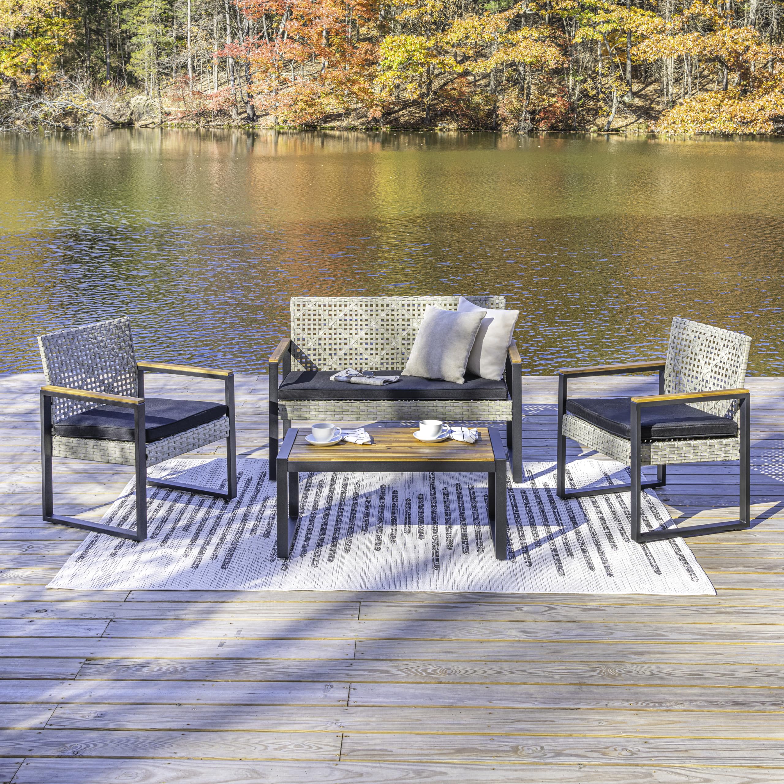 JONATHAN Y LVG1102C-4SET Wilder 4-Piece Modern Coastal Faux Wicker Conversation Outdoor Patio Set Industrial, Farmhouse, Mid-Century, Classic, Contemporary, Minimalist, White Wash/Black/Natural