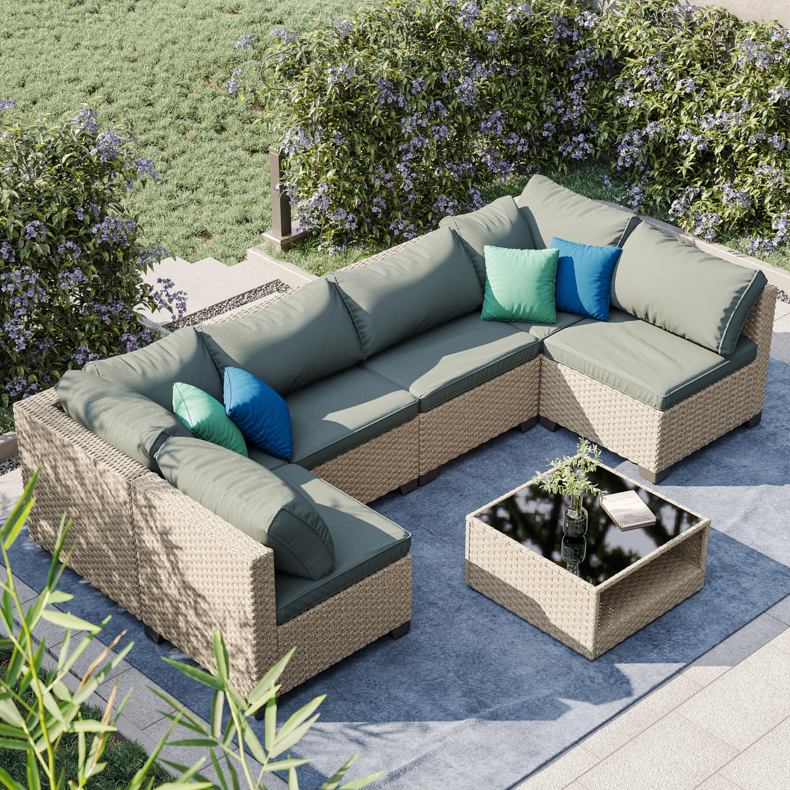 Aug-guan 7-Piece Patio Furniture Set, All-Weather Outdoor Conversation Set Sectional Sofa with Water Resistant Grey Thick Cushions and Coffee Table（Grey）