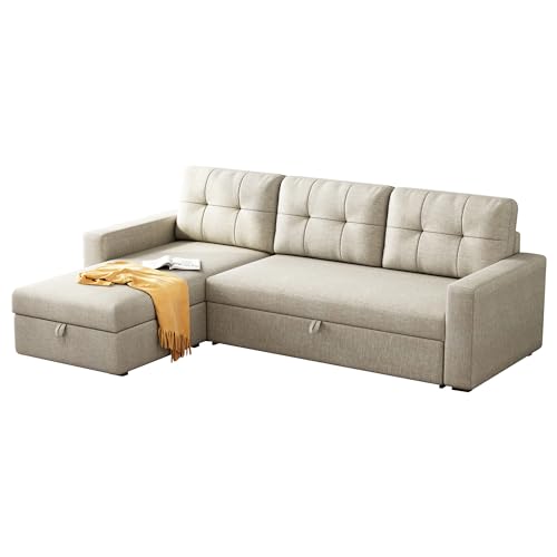 Ball & Cast 81.5" Convertible Sectional Sleeper Sofa, L-Shaped Upholstered Pull Out Couch Bed with Storage Recliner & Removable Back Cushions, Beige