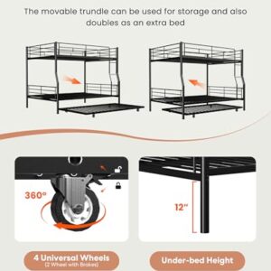 Miscoos Full XL Over Queen Bunk Bed with Trundle, Heavy-Duty Bunk Bed Frame with Ladder and High Guardrail, Convertible into 3 Beds for Kids Teens Girls Boys, Black