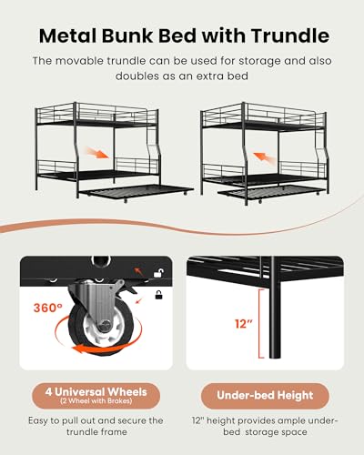 Miscoos Full XL Over Queen Bunk Bed with Trundle, Heavy-Duty Bunk Bed Frame with Ladder and High Guardrail, Convertible into 3 Beds for Kids Teens Girls Boys, Black