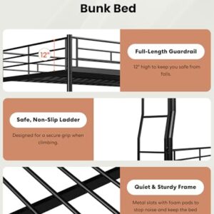 Miscoos Full XL Over Queen Bunk Bed with Trundle, Heavy-Duty Bunk Bed Frame with Ladder and High Guardrail, Convertible into 3 Beds for Kids Teens Girls Boys, Black