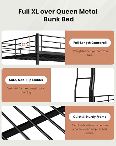 Miscoos Full XL Over Queen Bunk Bed with Trundle, Heavy-Duty Bunk Bed Frame with Ladder and High Guardrail, Convertible into 3 Beds for Kids Teens Girls Boys, Black