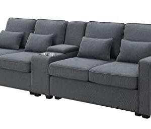 Ball & Cast 114.2" Linen Upholstered Sofa with Consoleand 2 USB Ports Wired or Wirelessly Charged,Modern 4-Seat Couches W/ 4 Pillows and Two Cupholders,for Living Room,Apartment,Dark Grey