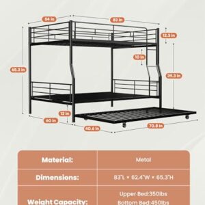 Miscoos Full XL Over Queen Bunk Bed with Trundle, Heavy-Duty Bunk Bed Frame with Ladder and High Guardrail, Convertible into 3 Beds for Kids Teens Girls Boys, Black