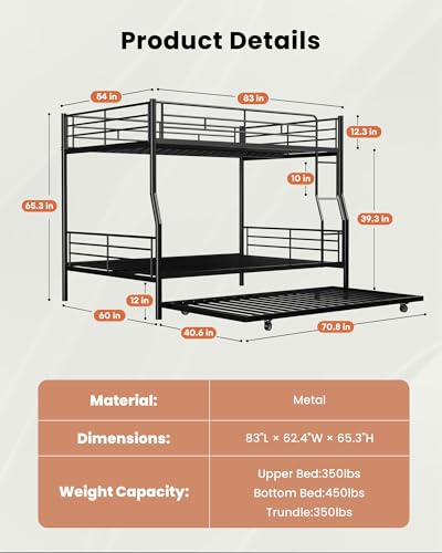 Miscoos Full XL Over Queen Bunk Bed with Trundle, Heavy-Duty Bunk Bed Frame with Ladder and High Guardrail, Convertible into 3 Beds for Kids Teens Girls Boys, Black