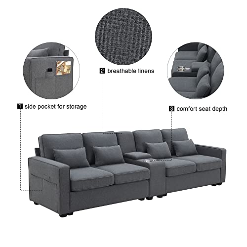 Ball & Cast 114.2" Linen Upholstered Sofa with Consoleand 2 USB Ports Wired or Wirelessly Charged,Modern 4-Seat Couches W/ 4 Pillows and Two Cupholders,for Living Room,Apartment,Dark Grey