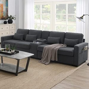 ball & cast 114.2" linen upholstered sofa with consoleand 2 usb ports wired or wirelessly charged,modern 4-seat couches w/ 4 pillows and two cupholders,for living room,apartment,dark grey