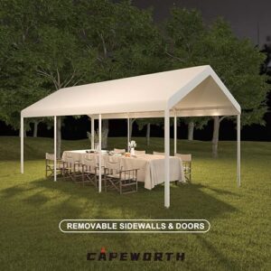 CAPEWORTH Carport,10x20 Heavy Duty Carports, Canopy, Garage, Metal Shed, with 4 Roll-up Ventilated Windows, Outdoor, Storage, Car, Boat,10x20 White