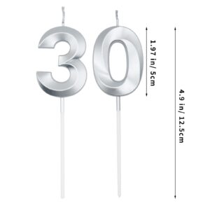 Silver 30th Birthday Candles for Cakes, Number 30 Candle Cake Cupcake Topper for Birthday Anniversary Party Decoration