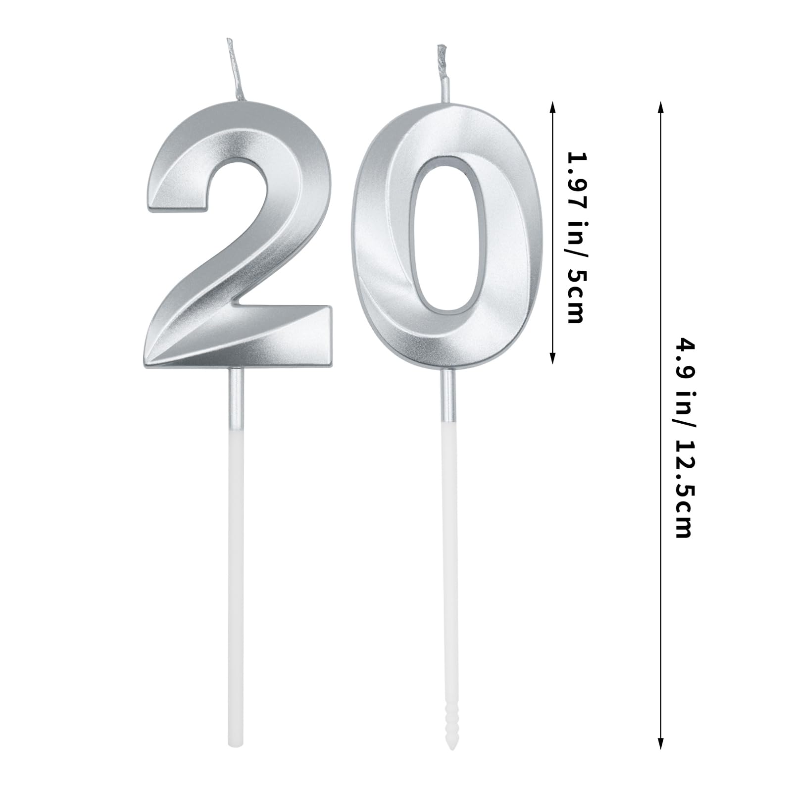 Silver 20th Birthday Candles for Cakes, Number 20 Candle Cake Cupcake Topper for Birthday Anniversary Party Decoration